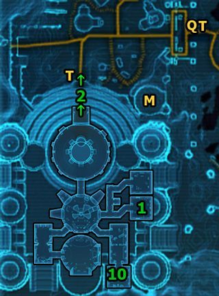 Z [1] skieruj się do wyjścia z pałacu w [2], a potem skorzystaj z Taksówki po lewej, aby przejechać się do The Eastern Grime (Rust Yards Speeder) - (L10) The New Truth (1) | Imperial Agent | Star Wars The Old Republic - Star Wars: The Old Republic - poradnik do gry