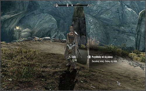 Po dotarciu w okolice jaskini powinieneś zauważyć, że stoi przed nią Eola - Wyprawa do Jaskini Granicznego Urwiska | Powiew śmierci | Solucja Skyrim - Skyrim - poradnik, mapy, questy