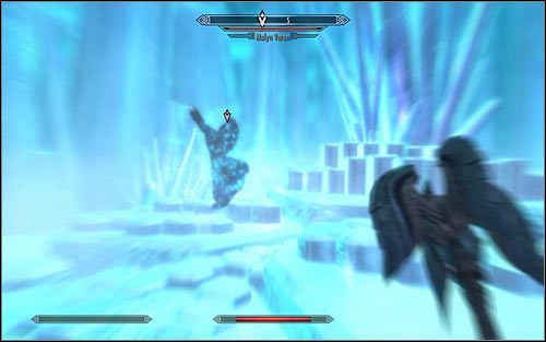 Pojedynek z Malynem warto rozpocząć od skorzystania z Krzyku Nieugięta Siła (powyższy screen) lub innego ataku, który go powali lub chwilowo sparaliżuje - Wariant A - Zaniesienie Gwiazdy Nelacarowi | Czarna Gwiazda | Solucja Skyrim - Skyrim - poradnik, mapy, questy