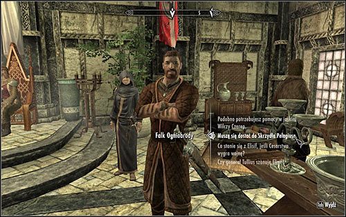 Falk Ogniobrody (powyższy screen) nie będzie skłonny do przekazania Ci klucza do Skrzydła Pelagiusa i jedynym sposobem do zachęcenia go do zmiany zdania jest wykonanie pobocznego questu Człowiek, który wywołał wilka z lasu, którego jest zleceniodawcą - Przedostanie się do Skrzydła Pelagiusa | Umysł szaleńca | Solucja Skyrim - Skyrim - poradnik, mapy, questy