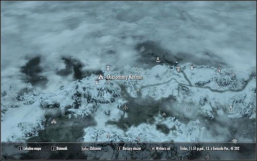 Otwórz mapę świata i zlokalizuj cel podróży, czyli Oszroniony Kurhan (powyższy screen) - Odzyskanie toporu | Najlepszy przyjaciel daedry | Solucja Skyrim - Skyrim - poradnik, mapy, questy
