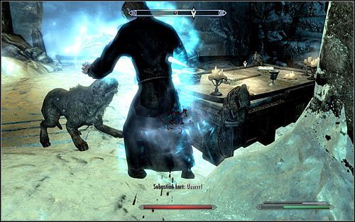 Z przystąpieniem do właściwych ataków na Sebastiana warto poczekać aż do akcji wkroczy Barbas, skutecznie odwracając uwagę maga (powyższy screen) - Odzyskanie toporu | Najlepszy przyjaciel daedry | Solucja Skyrim - Skyrim - poradnik, mapy, questy