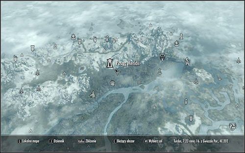 Otwórz mapę świata i udaj się do lokacji o nazwie Posąg Meridii (powyższy screen), zlokalizowanej w północno-zachodniej części Skyrim - Uaktywnienie questu | Przedświt | Solucja Skyrim - Skyrim - poradnik, mapy, questy