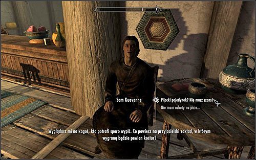 Po odnalezieniu Sama zainicjuj z nim rozmowę, odblokowując miniquest Różne: Zmierz się w piciu z Samem Guevennem - Uaktywnienie questu | Pamiętna noc | Solucja Skyrim - Skyrim - poradnik, mapy, questy