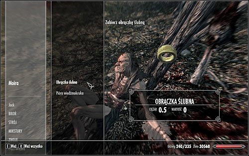 Po wygranej walce zbadaj ciało Moiry, zabierając ze sobą obrączkę ślubną (powyższy screen) - Spotkanie z Ysoldą | Pamiętna noc | Solucja Skyrim - Skyrim - poradnik, mapy, questy