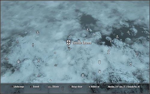 Otwórz mapę świata i wybierz się do znajdującej się w północnej części Skyrim miejscowości o nazwie Gwiazda Zaranna (powyższy screen) - Uaktywnienie questu | Koszmar na jawie | Solucja Skyrim - Skyrim - poradnik, mapy, questy