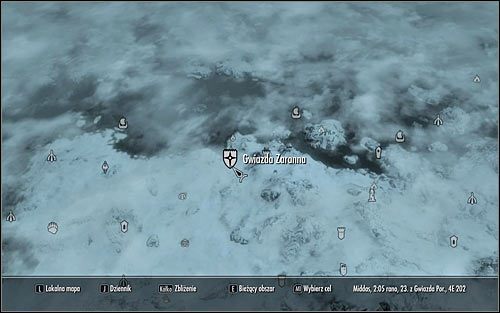 Otwórz mapę świata i wybierz się do znajdującej się w północnej części Skyrim miejscowości o nazwie Gwiazda Zaranna (powyższy screen) - Uaktywnienie questu | Fragmenty przeszłości | Solucja Skyrim - Skyrim - poradnik, mapy, questy