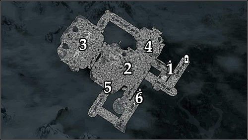 Oznaczenia na mapie: 1 - Miejsce startu; 2 - Schody; 3 - Jadalnia; 4 - Dźwignia; 5 - Przejście odblokowywane po pociągnięciu za dźwignię; 6 - Drzwi prowadzące na dach Martwiej Babiny. - Pozyskanie głowicy | Fragmenty przeszłości | Solucja Skyrim - Skyrim - poradnik, mapy, questy
