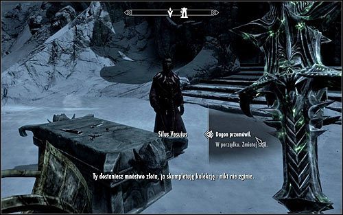 Zaczekaj aż Silus do Ciebie podejdzie i po wysłuchaniu jego planu dokonaj stwierdzenia, że musisz podporządkować się woli Dagona, czyli wybierz górną opcję dialogową (powyższy screen) - Wariant B - Zabicie Silusa | Fragmenty przeszłości | Solucja Skyrim - Skyrim - poradnik, mapy, questy