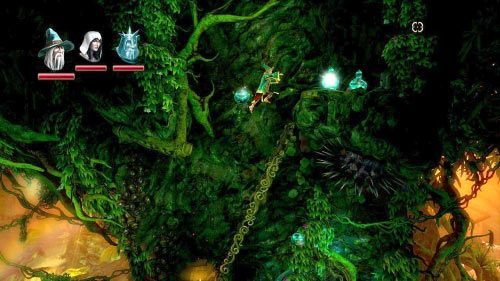 Aby przedostać się do następne lokacji zniszcz drewnianą konstrukcję na podwyższeniu korzystając z miecza rycerza lub uderzając w nią sześcianem - Bagno Światłomchu | Opis przejścia gry Trine 2 - Trine 2 - poradnik do gry