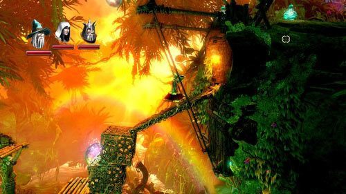 Aby przejść do kolejnej lokacji postaw dwa sześciany jeden na drugim na platformie z lewej, a potem połóż na nich kładkę, po której dostaniesz się na drugą stronę - Bagno Światłomchu | Opis przejścia gry Trine 2 - Trine 2 - poradnik do gry