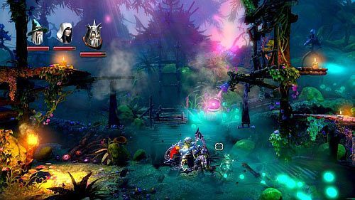 W miejscu z magiczną wodą skieruj strumień w prawo tak, aby podlał nasiona na ziemi - Bagno Światłomchu | Opis przejścia gry Trine 2 - Trine 2 - poradnik do gry