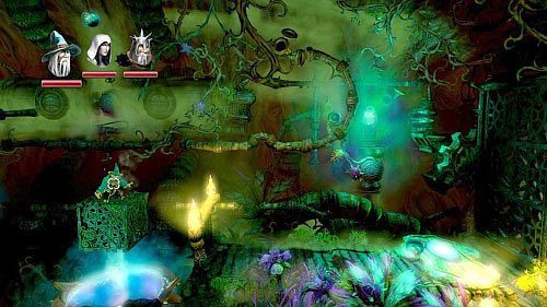 Aby przejść dalej skorzystaj z bańki z prawej, przeskocz szybko przez platformę z prawej uważając na strzelającą roślinę i poczekaj, aż rura przestanie wydmuchiwać powietrze - Skamieniałe Drzewo | Opis przejścia gry Trine 2 - Trine 2 - poradnik do gry