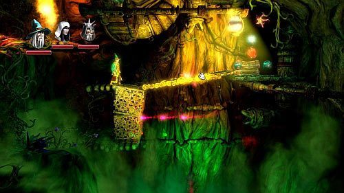 Następnie skorzystaj z sześcianu albo z jednej ze skrzyń z lewej strony i nadziej ją na kolce wystające z sufitu z prawej - Skamieniałe Drzewo | Opis przejścia gry Trine 2 - Trine 2 - poradnik do gry