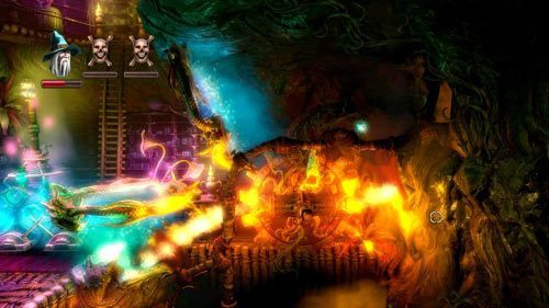 Zgarnij butelkę z doświadczeniem, która jest na drewnianej kładce w prawym górnym rogu, po czym wyczaruj sześcian tak, aby spadł na kolce na dole - Skamieniałe Drzewo | Opis przejścia gry Trine 2 - Trine 2 - poradnik do gry