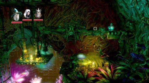 Użyj haka złodziejki na kawałku drewnianej ściany umieszczonej wysoko z lewej (jest dość mały więc musisz dobrze mierzyć) - Skamieniałe Drzewo | Opis przejścia gry Trine 2 - Trine 2 - poradnik do gry