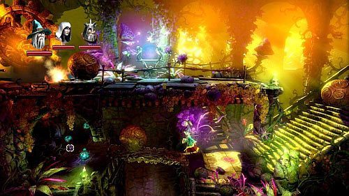 Przejdź przez bramę do kolejnej lokacji z dwoma kręcącymi się kołami z ogniem - Cieniste Komnaty | Opis przejścia gry Trine 2 - Trine 2 - poradnik do gry