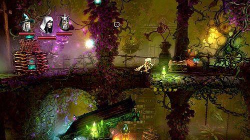 Wskocz na jedną z baniek wylatujących z kotła z prawej i poleć maksymalnie w górę (po drodze zbierz butelkę z doświadczeniem znajdującą się na platformie z lewej) - Cieniste Komnaty | Opis przejścia gry Trine 2 - Trine 2 - poradnik do gry