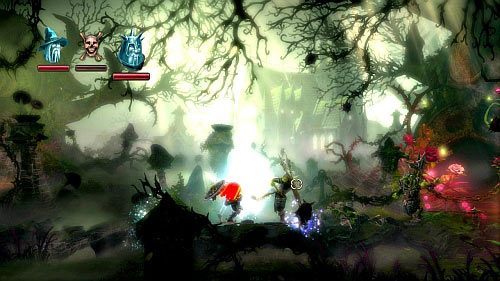 W kolejnym fragmencie znów zniszcz roślinę z wodą (z łuku lub rzucając młotem), podnieś kawałek drewna magiem, napełni go, a potem wylej wodę na nasiona z prawej - Cichy Zagajnik | Opis przejścia gry Trine 2 - Trine 2 - poradnik do gry