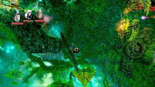 Uważając na ostrzał prowadzony przez roślinę, przeskocz po liściach na drugą stronę, gdzie znajdziesz punkt kontrolny #1 - Grzybojaskinie | Opis przejścia gry Trine 2 - Trine 2 - poradnik do gry