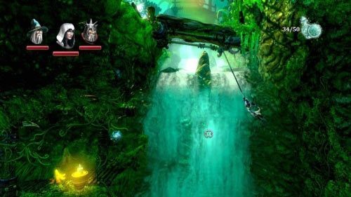 Przejdź na prawo stronę koryta, skocz w przepaść i szybko użyj haka, aby zaczepić się w kawałek drewna nad tobą - Grzybojaskinie | Opis przejścia gry Trine 2 - Trine 2 - poradnik do gry