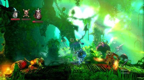 Po wylądowaniu omiń punkt kontrolny #2, rzuć młotem w kamienną ścianę z lewej i wskocz na powstałą w ten sposób półkę odbijając się z obrotowej platformy - Grzybomrok | Opis przejścia gry Trine 2 - Trine 2 - poradnik do gry