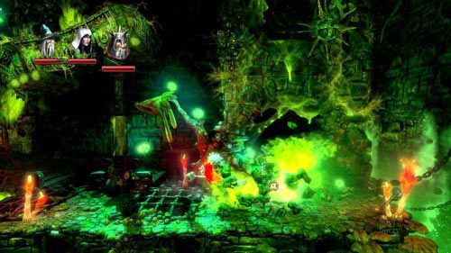 Po rozpoczęciu etapu zeskocz na lewą stronę i zniszcz młotem kamienny posążek - Upiorne Korytarze | Opis przejścia gry Trine 2 - Trine 2 - poradnik do gry