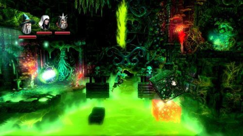 Następnie rzuć młotem w kamienną ścianę na górze z prawej, ustaw przy krawędzi kilka sześcianów, wskocz na nie i przeskocz na drugi brzeg - Upiorne Korytarze | Opis przejścia gry Trine 2 - Trine 2 - poradnik do gry