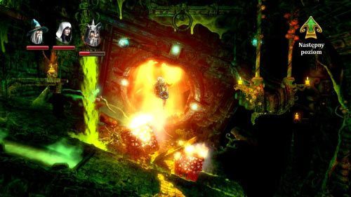 Ustaw pod małą platformą sześcian, a potem przeciągnij w to miejsce jedną z kul z kolcami, które wypadają z pojemnika pod sufitem z lewej strony - Upiorne Korytarze | Opis przejścia gry Trine 2 - Trine 2 - poradnik do gry