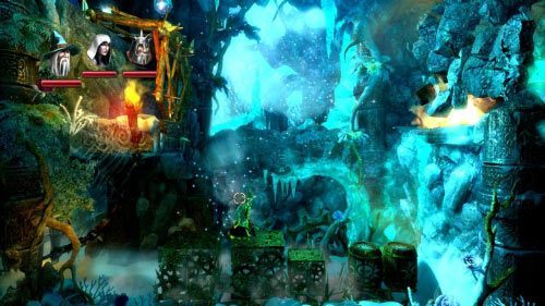 W pierwszej lokacji rzuć młotem w kamienie znajdujące się na suficie z lewej strony, po czym pozbieraj doświadczenie - Twierdza Strażnika Lodu | Opis przejścia gry Trine 2 - Trine 2 - poradnik do gry