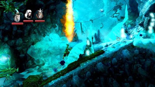 Po dostaniu się na górę przeskocz na platformę z lewej, gdzie postaw sześciany, dzięki którym dotrzesz do kuli doświadczenia (możesz też wyczarować jeden z nich nad najwyższym odbijającym liściem rośliny i dostać się do doświadczenia w momencie, kiedy będzie on w wysokim punkcie) - Twierdza Strażnika Lodu | Opis przejścia gry Trine 2 - Trine 2 - poradnik do gry