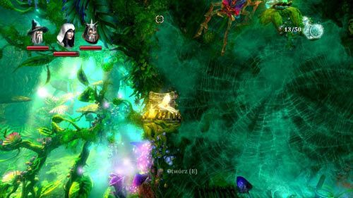 Sekret #13 - Grzybojaskinie - na początku etapu po wyhodowaniu rośliny wejdź na jej liście i skorzystaj z haka, aby dostać się na małą drewnianą platformę na górze - Sekrety (1) | Sekrety w Trine 2 - Trine 2 - poradnik do gry