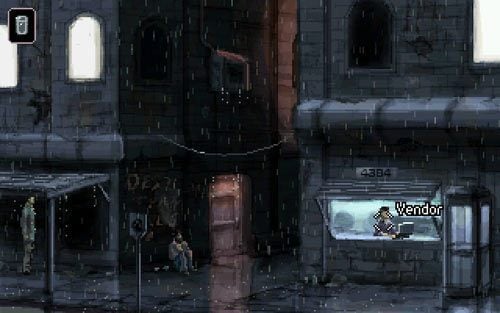 Przejdź w prawo i porozmawiaj ze sprzedawcą (vendor) - 1 - Poszukiwanie Matthiusa - Opis przejścia - Gemini Rue - poradnik do gry