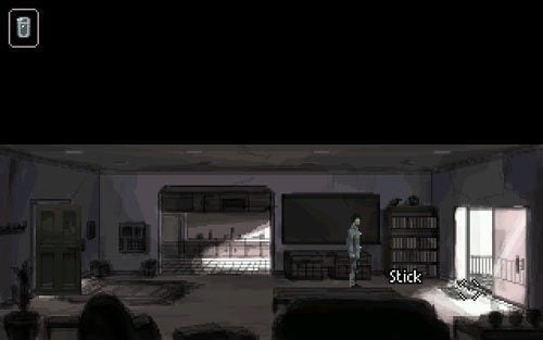 Skieruj się do balkonu z prawej i podnieś znajdujący się przy drzwiach kijek (stick) - 1 - Poszukiwanie Matthiusa - Opis przejścia - Gemini Rue - poradnik do gry