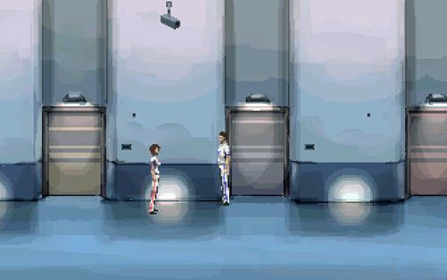 Na korytarzu udaj się w lewo i przejdź przez drzwi - 2 - Trening Delty Six - Opis przejścia - Gemini Rue - poradnik do gry