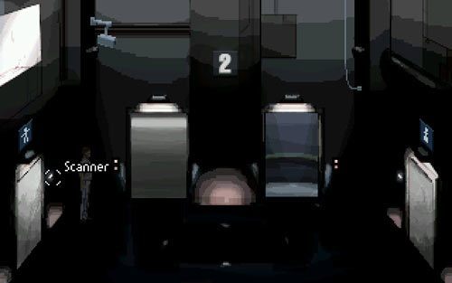 Podejdź do drzwi z lewej i przyłóż oko do skanera (scanner) - 2 - Trening Delty Six - Opis przejścia - Gemini Rue - poradnik do gry
