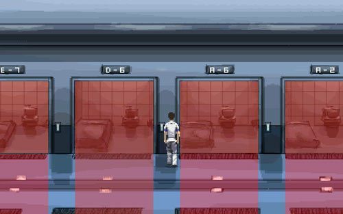 Kiedy znajdziesz się w pomieszczeniu z sypialniami udaj się do sali oznaczonej numerem D6, użyj na skanerze dłoni, a po wejściu do środka skorzystaj z łóżka (bed) - 2 - Trening Delty Six - Opis przejścia - Gemini Rue - poradnik do gry