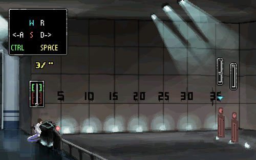 Po wejściu do pomieszczenia testowego (najpierw wejdź w trzecie drzwi od lewej, a potem w te oznaczone cyfrą 2, w obydwu przypadkach musisz przyłożyć do skanerów oko) podnieś pistolet i zacznij wykonywać polecenia instruktora - 4 - Kradzież pistoletu - Opis przejścia - Gemini Rue - poradnik do gry