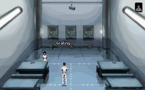 Udaj się na stołówkę, rozkręć pierwszą kratkę (grate) z lewej, zajrzyj do środka i użyj rury na kolejnej klapce - 4 - Kradzież pistoletu - Opis przejścia - Gemini Rue - poradnik do gry