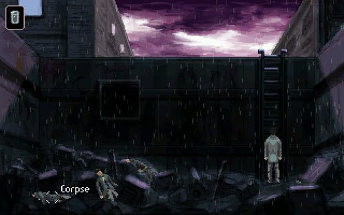 Po przełączeniu się na Azriela udaj się w lewo i skorzystaj z drabiny (ladder), aby zejść do wnętrza śmietnika - 5 - Zlecenie od mafii - Opis przejścia - Gemini Rue - poradnik do gry