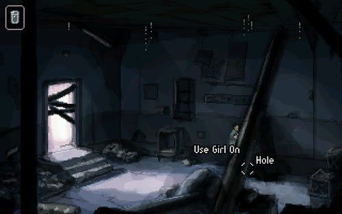 Kiedy dziewczyna zacznie za tobą iść skieruj się do zrujnowanego budynku z deskami w wejściu i poproś ją, aby przeszła przez dziurę i przejrzała skrzynie z prawej - 5 - Zlecenie od mafii - Opis przejścia - Gemini Rue - poradnik do gry