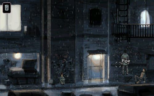 Udaj się do zaułka (back valley), gdzie spotkałeś dziewczynę szukającą karty w śmietniku, po czym użyj skrzyni (crate) przeciągnij ją na prawo pod balkon i wejdź na nią - 5 - Zlecenie od mafii - Opis przejścia - Gemini Rue - poradnik do gry