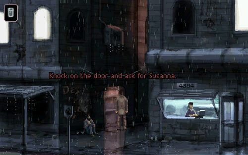 Po wyjściu z hotelu przejdź na prawą stronę ulicy i przeczytaj notatkę (note) znajdującą się w drzwiach - 5 - Zlecenie od mafii - Opis przejścia - Gemini Rue - poradnik do gry