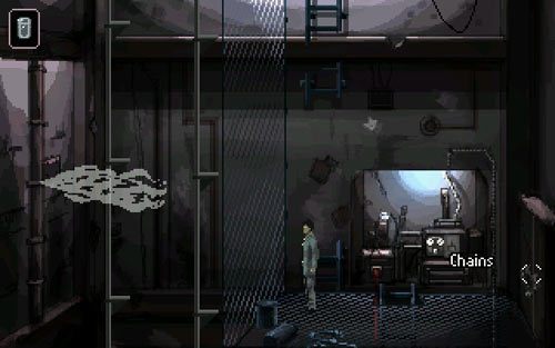 Z prawej strony znajdziesz wiszący na drzwiach łańcuchy (chains) - 7 - Śledztwo w wieży pogodowej - Opis przejścia - Gemini Rue - poradnik do gry