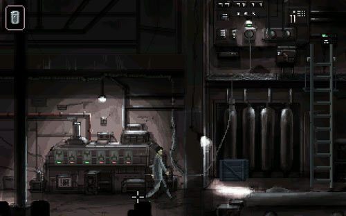 Po włączeniu zasilania przejdź w lewo do pomieszczenia z taśmociągiem (conveyer), wejdź po drabinie na górę i użyj przełącznika (switch) w maszynie z prawej - 7 - Śledztwo w wieży pogodowej - Opis przejścia - Gemini Rue - poradnik do gry