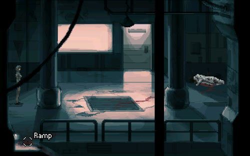 Wróć do pomieszczenia ze zwłokami i zejdź po zejściu (ramp) (znajduje się w lewym dolnym narożniku) na dół - 9 - Finał w Ośrodku nr 7 - Opis przejścia - Gemini Rue - poradnik do gry