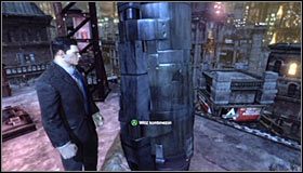 Zignoruj maszynę latającą i kontynuuj wspinaczkę, docierając docelowo do drabiny prowadzącej na dach budynku #1 - Wejdź na dach budynku Ace Chemicals, żeby zabrać sprzęt | Główny wątek - Batman: Arkham City - poradnik do gry