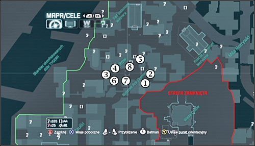 Powyższy screen prezentuje miejsca pobytu snajperów przebywających na dachach budynków, a także sugerowaną kolejność ich eliminacji - Podążaj za sygnałami lokalizatora, żeby uratować Talię przed Jokerem | Główny wątek - Batman: Arkham City - poradnik do gry