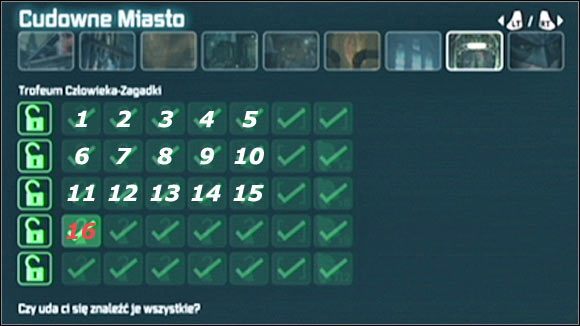 Poszukujemy informacji na temat trofeum Batmana z Cudownego Miasta, a konkretnie na temat pierwszej pozycji z czwartego rzędu trofeów - Instrukcja odnajdywania sekretów | Zagadki w Batman Arkham City - Batman: Arkham City - poradnik do gry