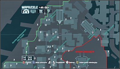 Idealne miejsce do wykonania skanowania to punkt obserwacyjny nad głównym wejściem do budynku sądu Solomona Waynea, zlokalizowany na północ od pytajnika - Park Row - Zagadki słowne | Zagadki w Batman Arkham City - Batman: Arkham City - poradnik do gry